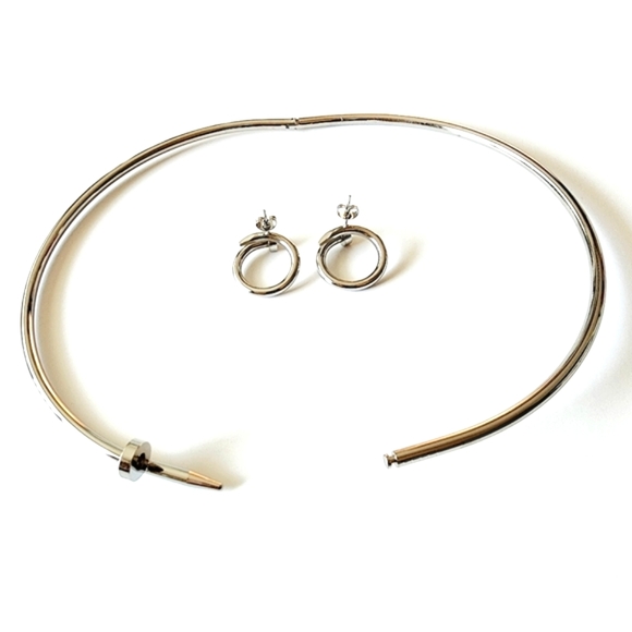 Rhodium Silver Nail Design Choker and Earrings Set. NEW - NWOT - Picture 3 of 3